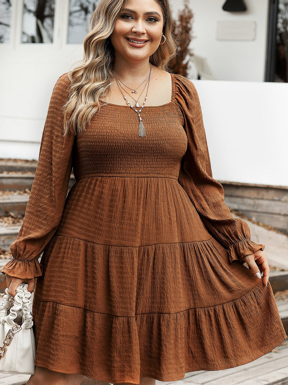 Chestnut Smocked Ruffle Sleeve Plus Size Tiered Mini Dress