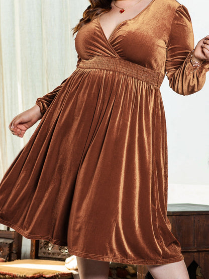 Camel Surplice V Neck Balloon Sleeve Velvet Dress