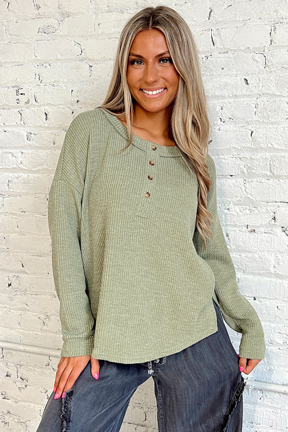 Laurel Green Trendy Texture Knit Drop Shoulder Long Sleeve Loose Top