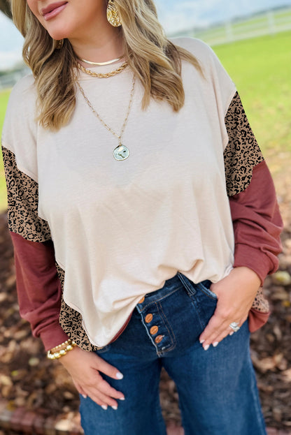 Red Sandalwood Color Block Leopard Patchwork Long Sleeve Loose Top