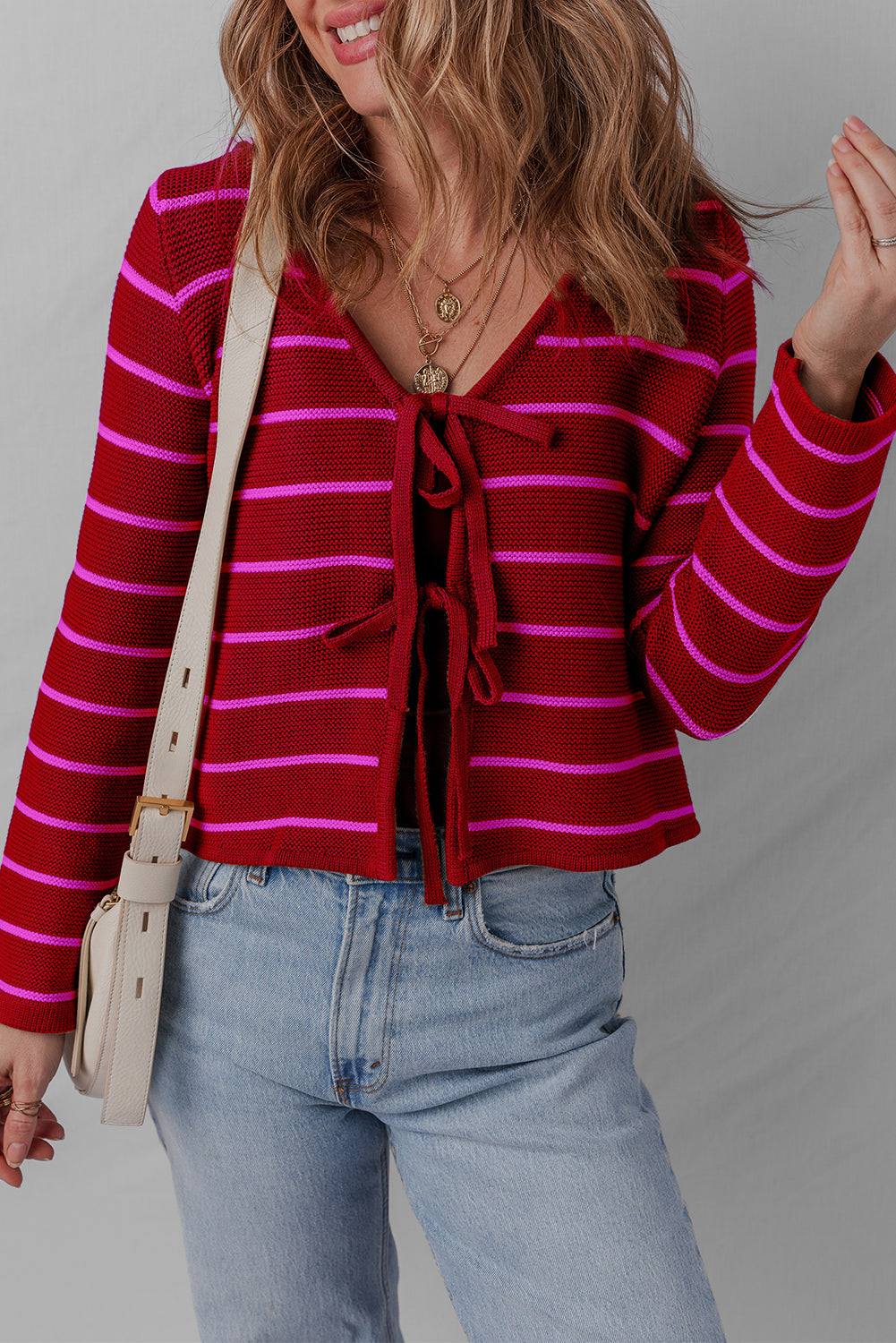 Red Stripe Tie Front Striped Knit V Neck Cardigan Sweater