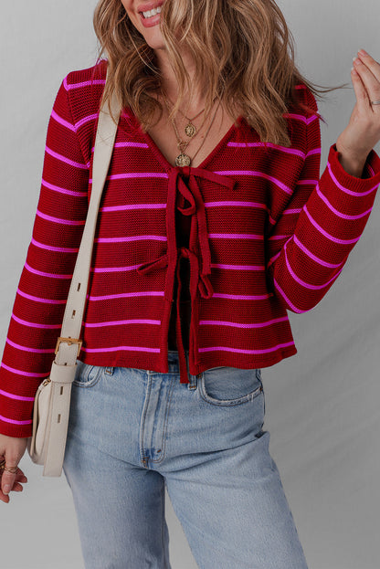Red Stripe Tie Front Striped Knit V Neck Cardigan Sweater