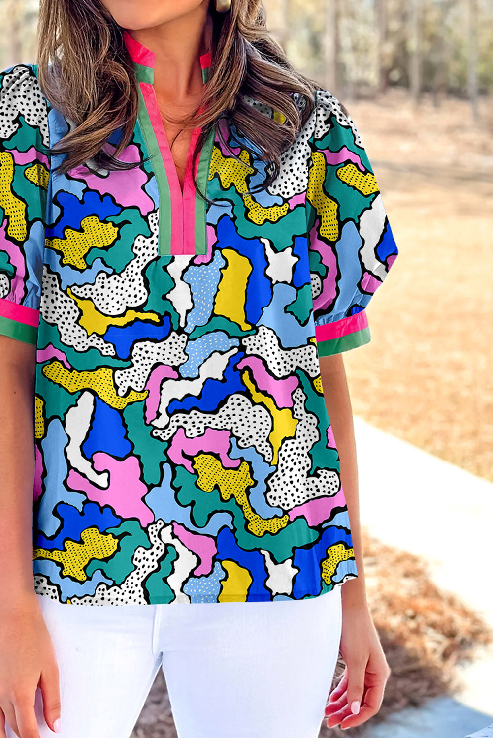 Green Abstract Camo Print Puff Short Sleeve Blouse