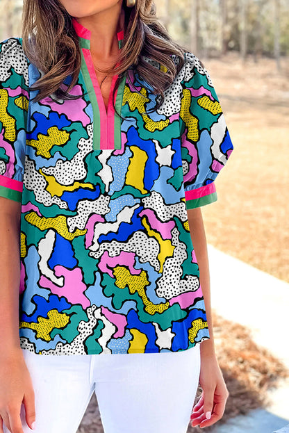Green Abstract Camo Print Puff Short Sleeve Blouse