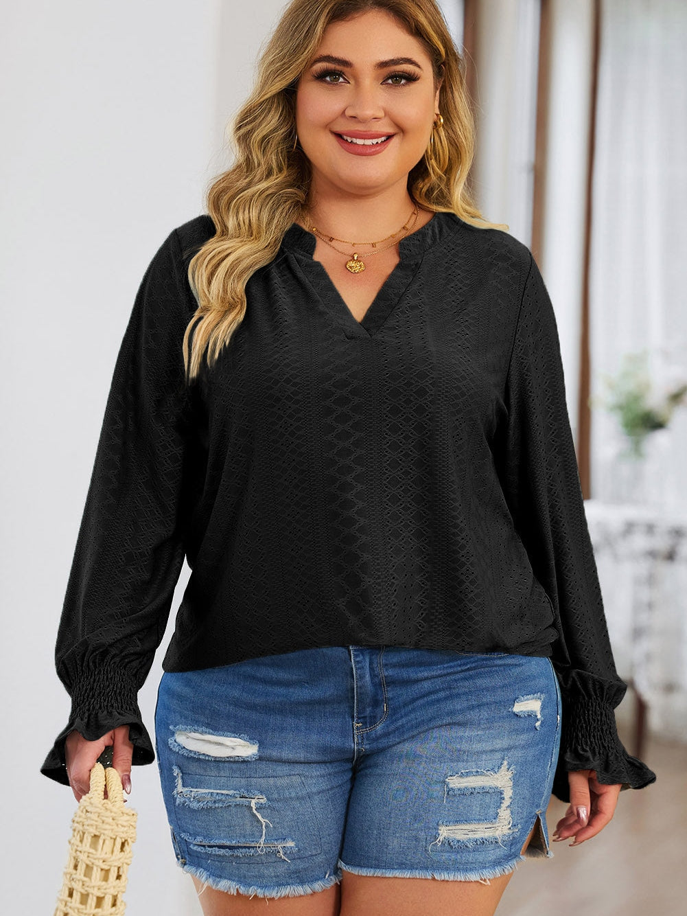Black Eyelet Jacquard Split Neck Flounce Sleeve Plus Size Blouse