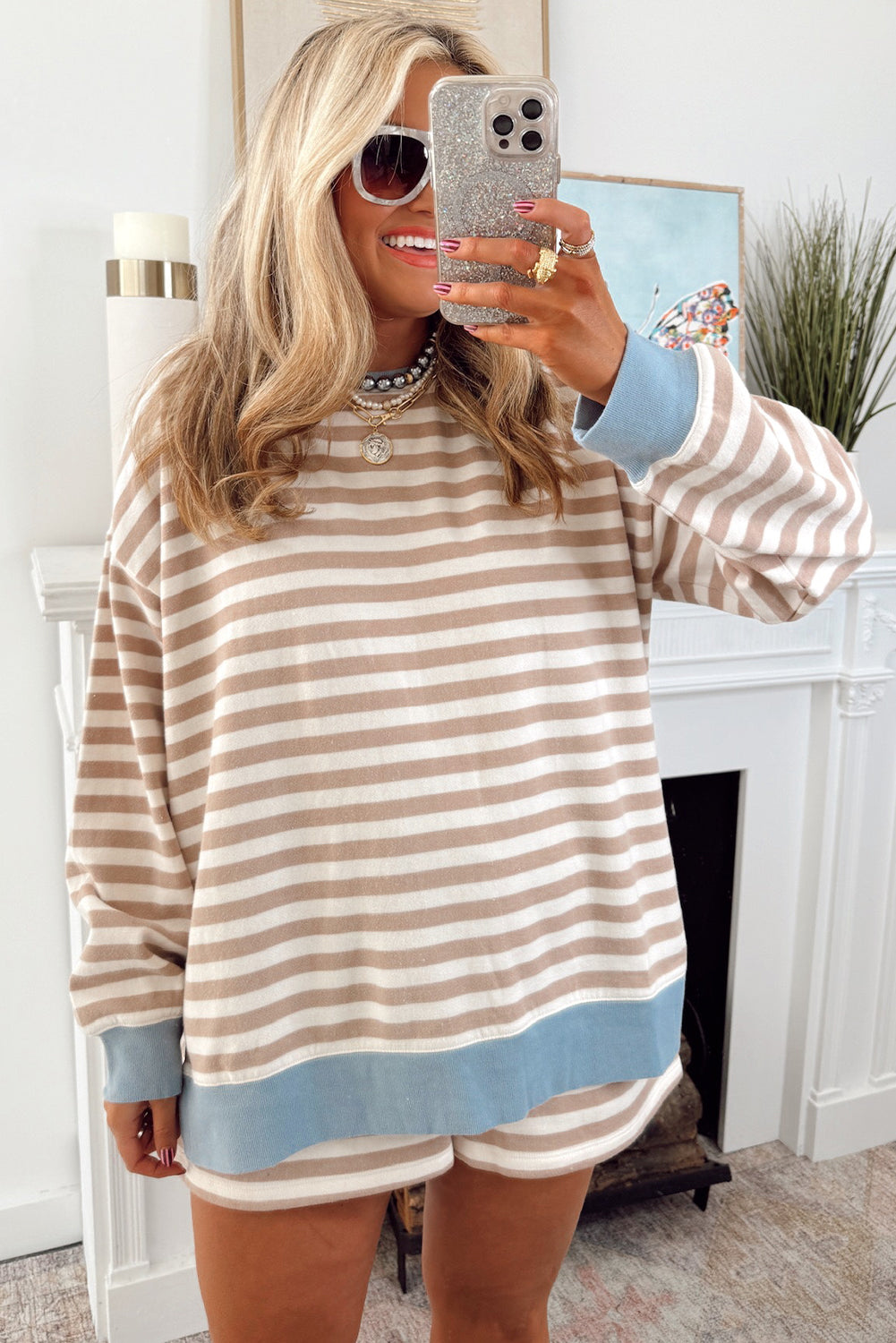 Khaki Stripe Contrast Edge Drop Shoulder Pullover and Shorts Plus Size Set