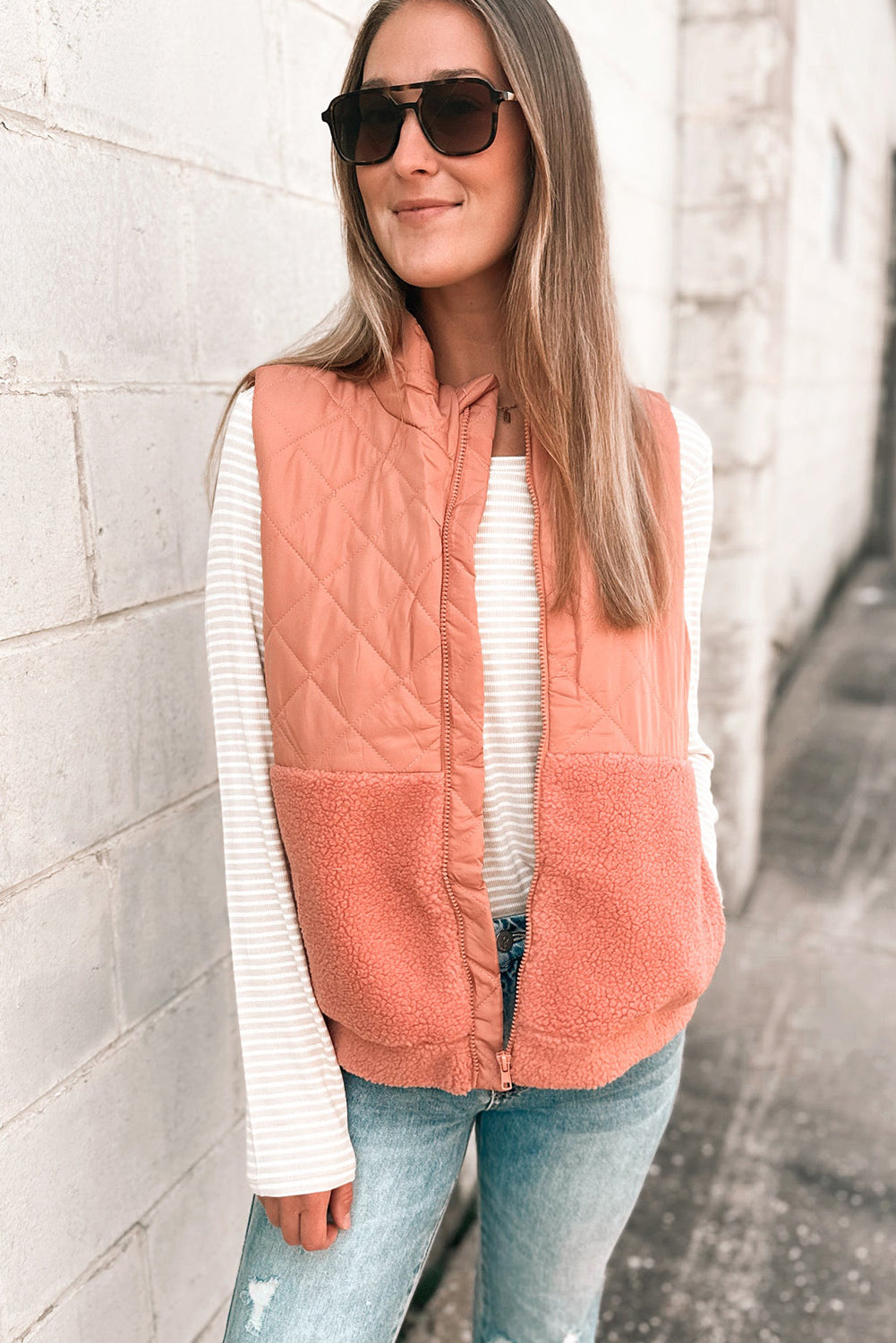 Pale Chestnut Sherpa Quilted Patchwork Zip Up Stand Neck Vest