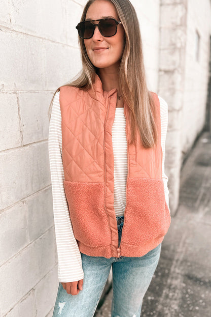 Pale Chestnut Sherpa Quilted Patchwork Zip Up Stand Neck Vest