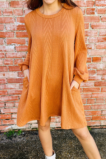 Vitality Orange Chic Textured Round Neck Long Sleeve Mini Dress
