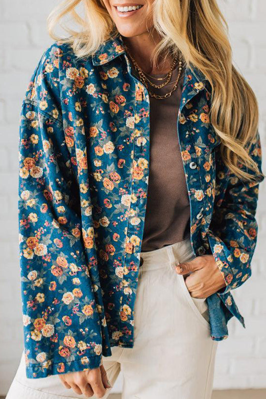 Blue Vintage Floral Print Button Down Denim Shacket
