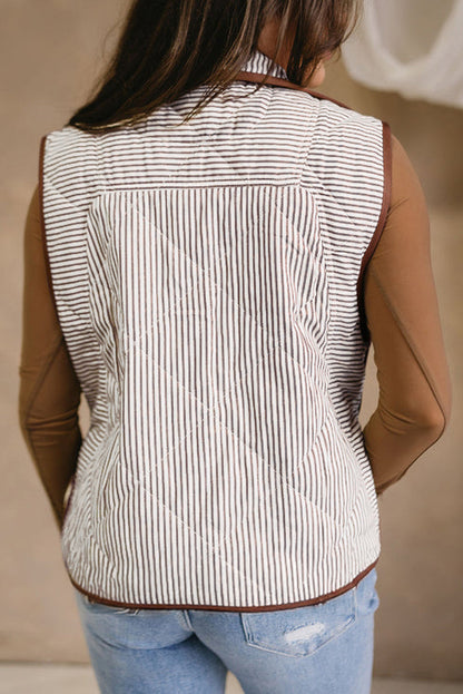 Brown Stripe Quilted Wavy Hem Snap Button Plus Size Vest