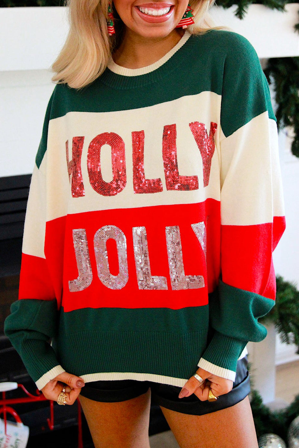 Green Sequined HOLLY JOLLY Color Block Crew Neck Sweater
