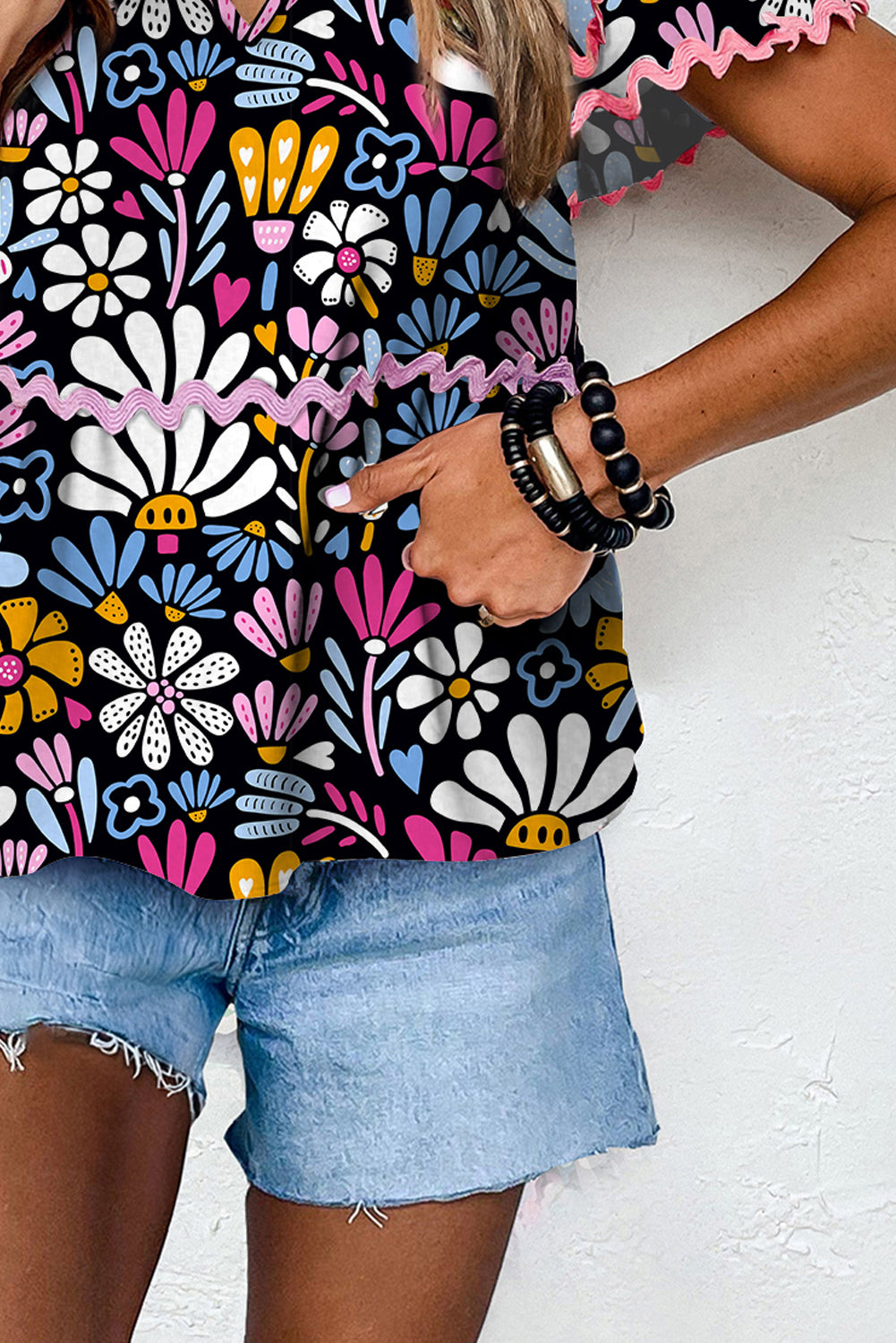 Blue Notched Neck Floral Print Ricrac Trim Short Sleeve Blouse