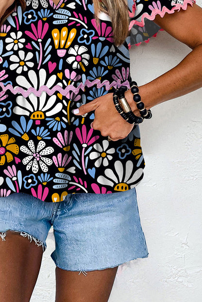 Blue Notched Neck Floral Print Ricrac Trim Short Sleeve Blouse