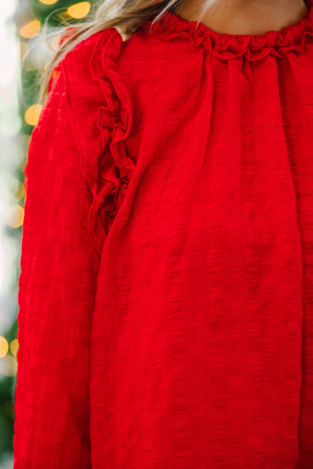 Fiery Red Solid Color Textured Ruffled Detail Long Sleeve Blouse
