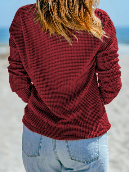 Fiery Red Waffle Knit Drop Sleeve Casual Top