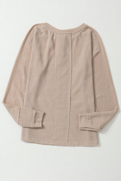 Apricot Retro Patchwork Split Neck Long Sleeve Top with Button Detail