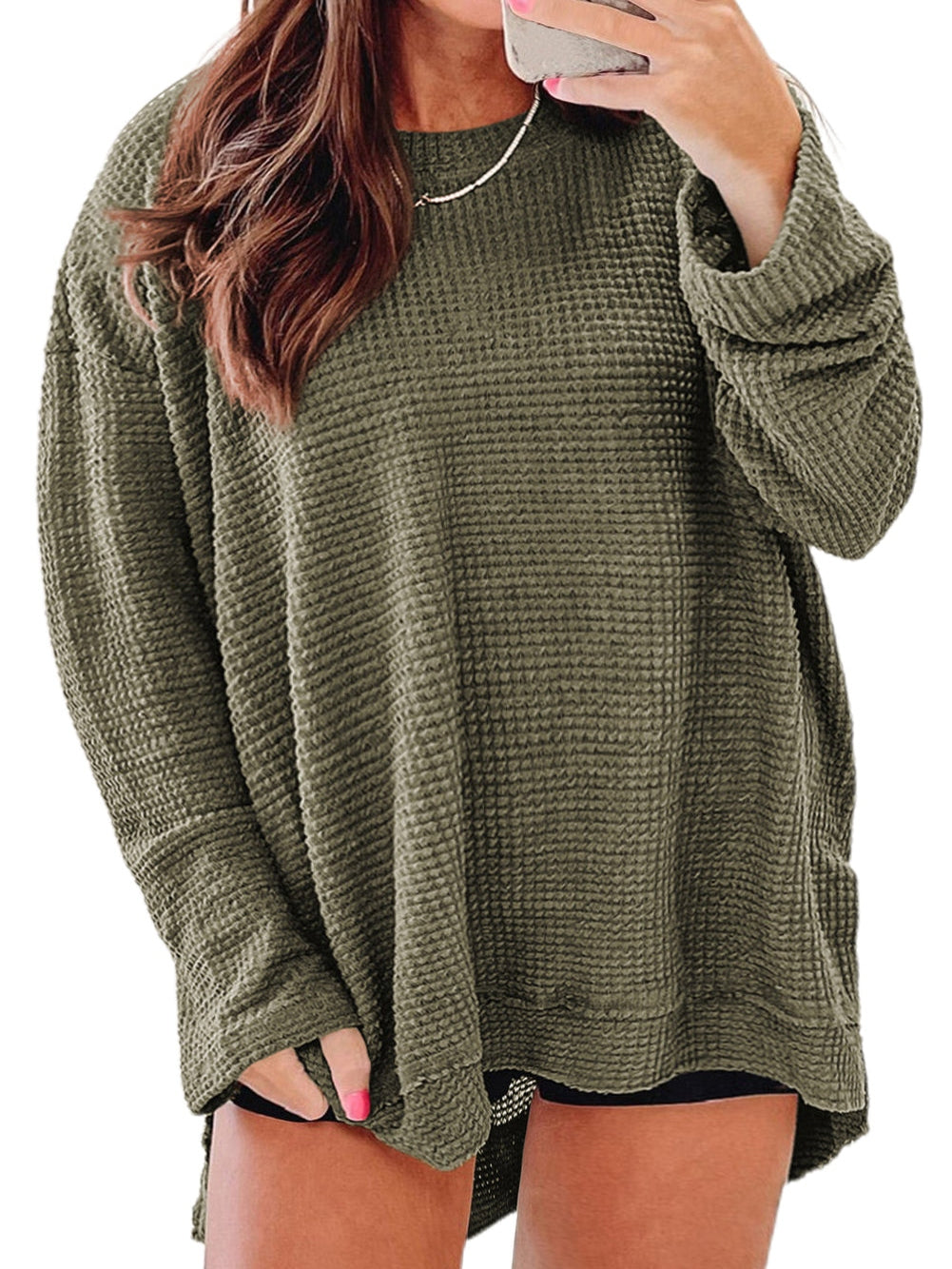 Textured Moss Green Plus Size Waffle Knit Top with Long Sleeves