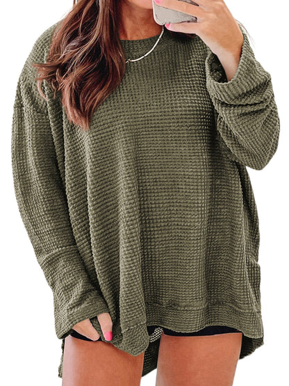 Textured Moss Green Plus Size Waffle Knit Top with Long Sleeves