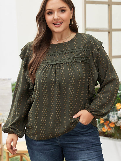 Elegant Mist Green Swiss Dot Lace Ruffle Sleeve Blouse