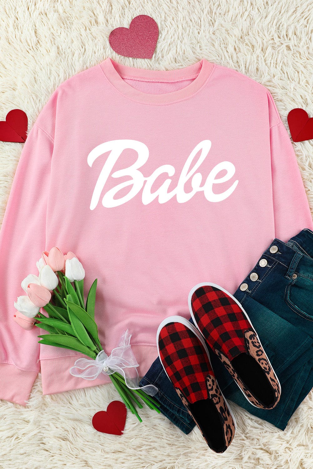 Babe Print Pink Ribbed Knit Trim Sweater