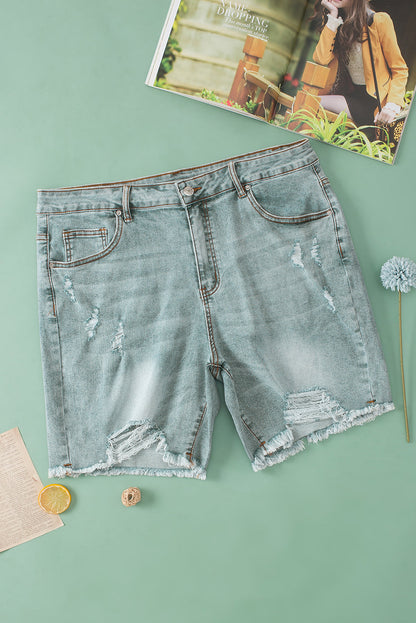 Light Blue Plus Size Distressed Rolled Hem Denim Shorts