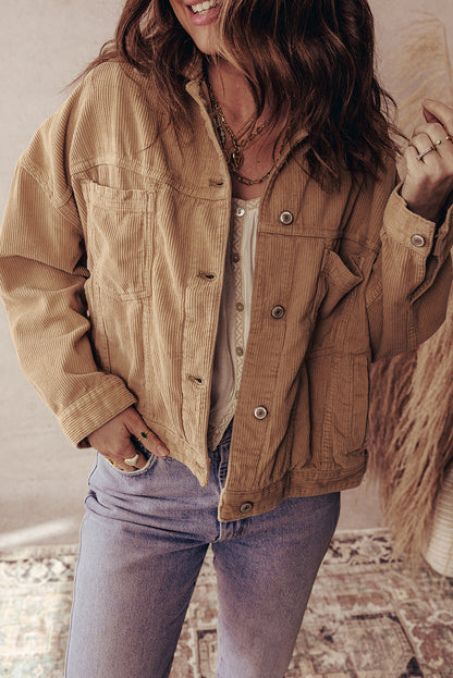 Camel Double Patch Pocket Plus Size Corduroy Jacket