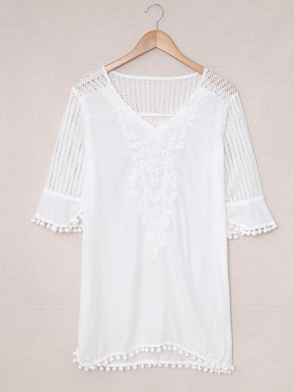 White Crochet Pom Pom Trim Beach Tunic Shift Dress