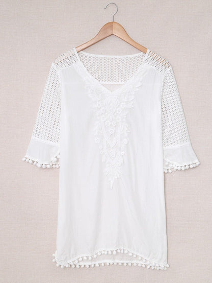 White Crochet Pom Pom Trim Beach Tunic Shift Dress