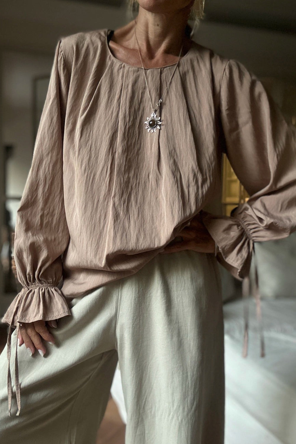 Smoke Gray Pleated Round Neck Flounce Long Sleeve Blouse