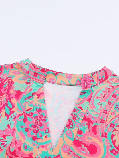 Rosy Paisley Print V Neck Shift Blouse for Plus Size Comfort