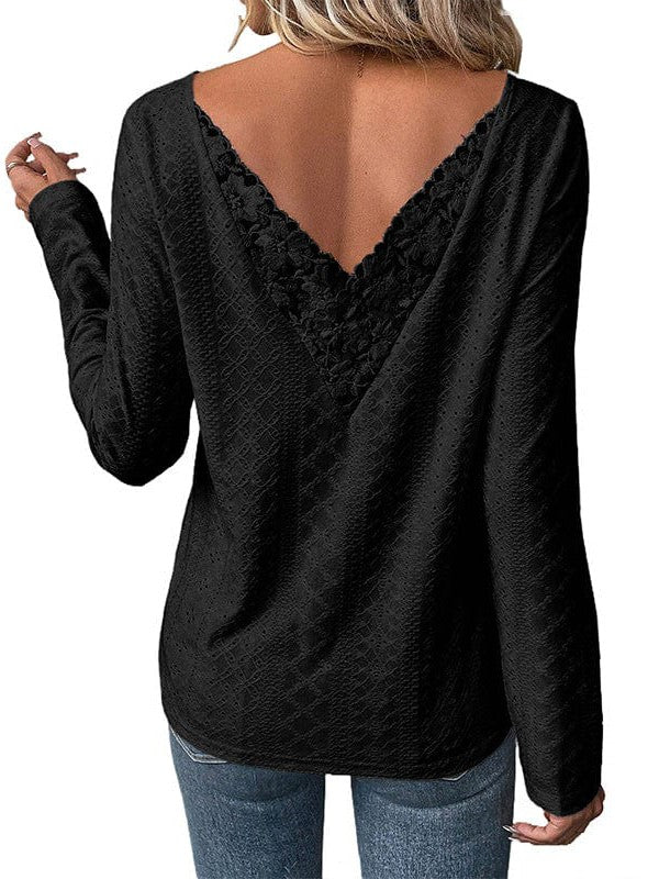 Backless Long Sleeve Lace Top with Knitted Hollow Design