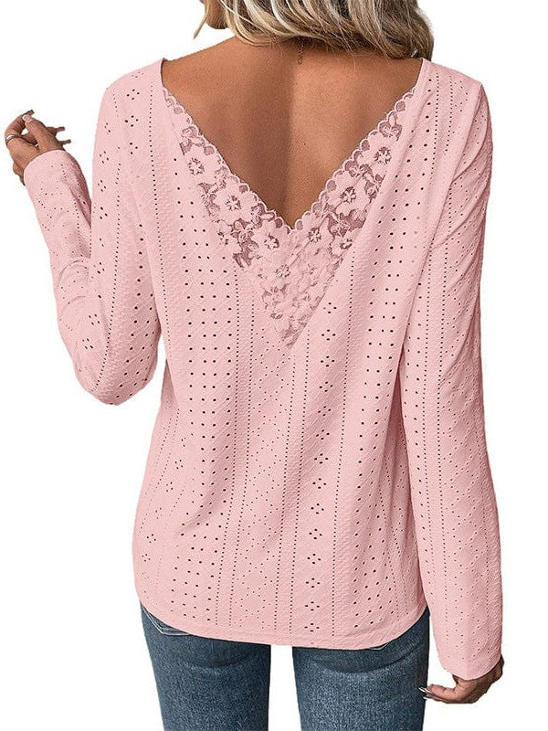Backless Long Sleeve Lace Top with Knitted Hollow Design