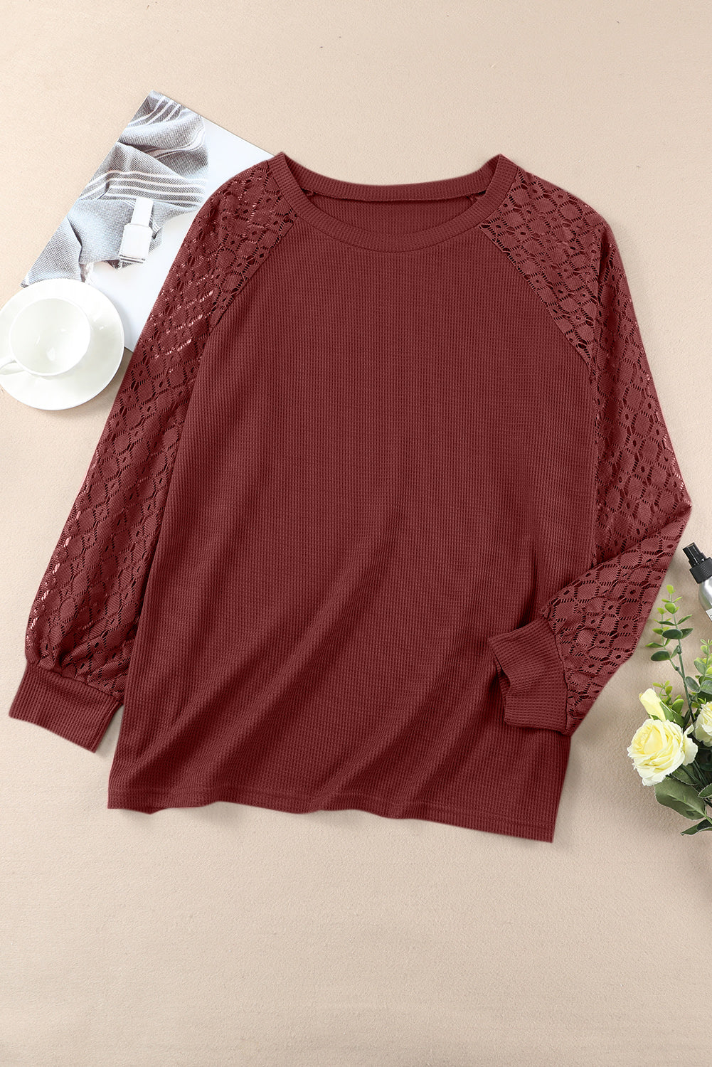 Red Plus Size Contrast Lace Sleeve Waffle Knit Top