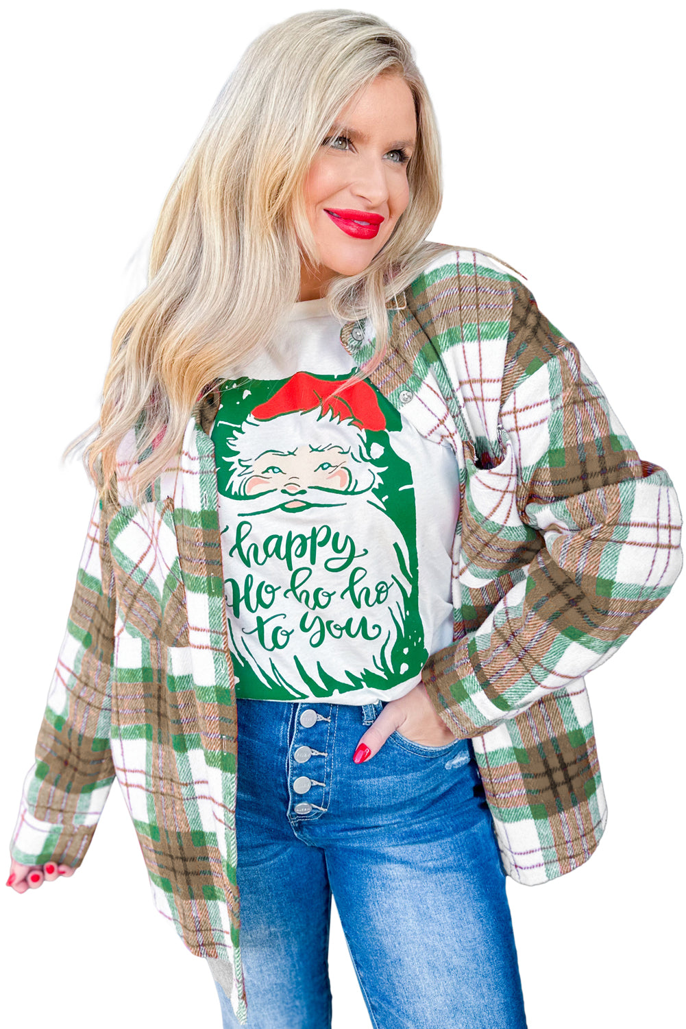 Khaki Christmas Plaid Casual Flannel Shacket