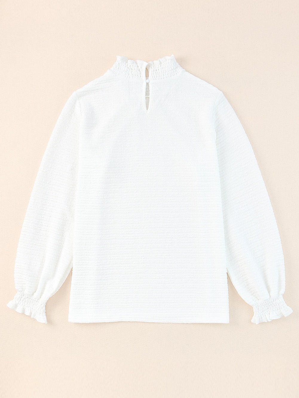 Elegant Textured White Lantern Sleeve Blouse with Smocked High Neck