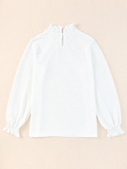 Elegant Textured White Lantern Sleeve Blouse with Smocked High Neck