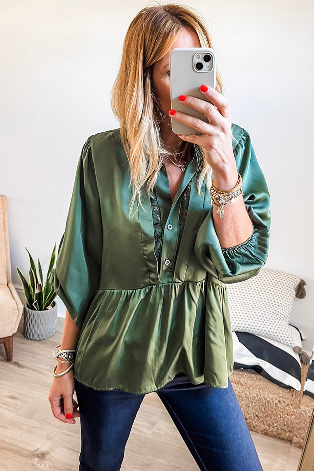 Mist Green Satin Half Button Lace Insert Neckline 3/4 Sleeve Peplum Blouse