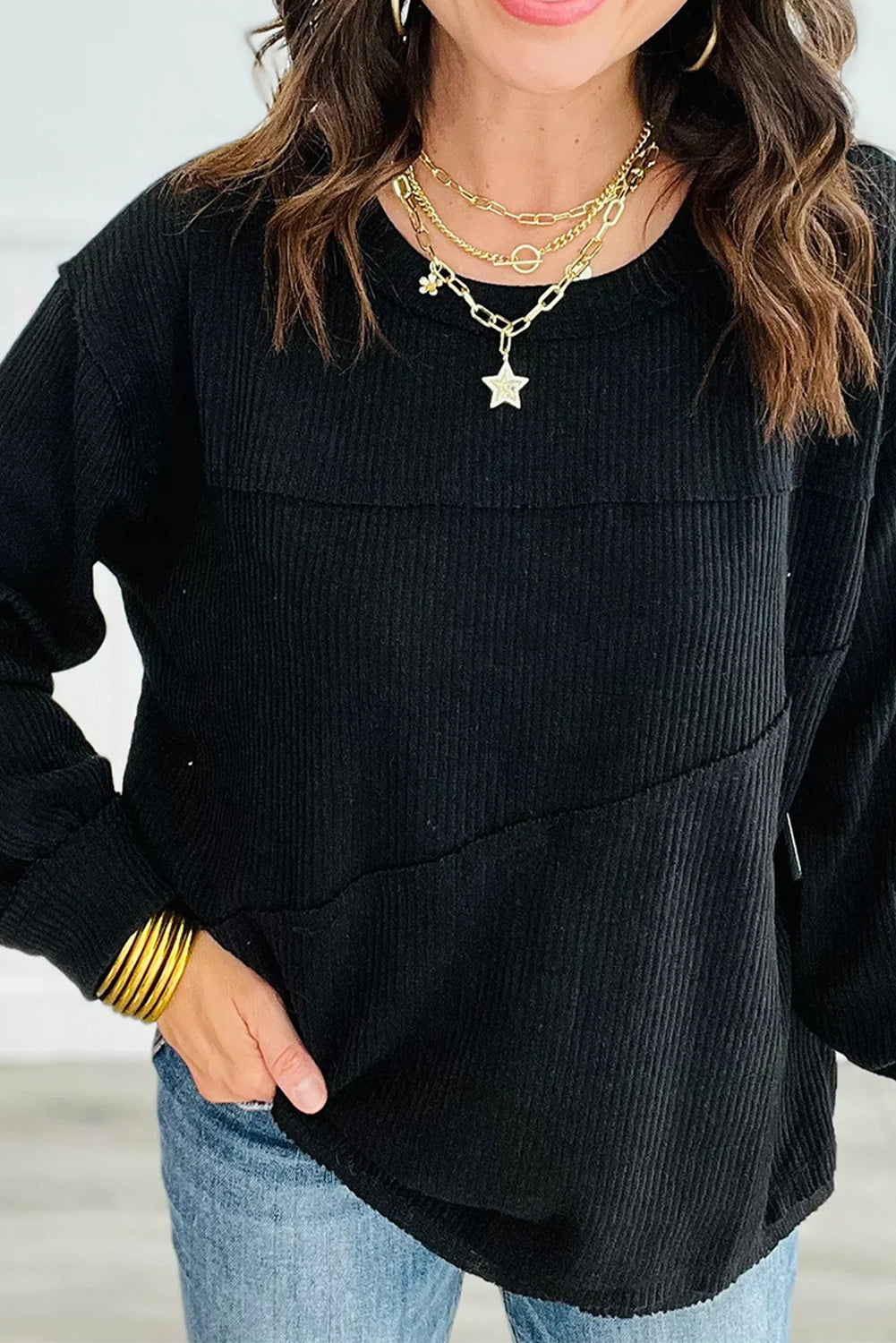 Black Solid Color Ribbed Knit Exposed Seam Patchwork Long Sleeve Top