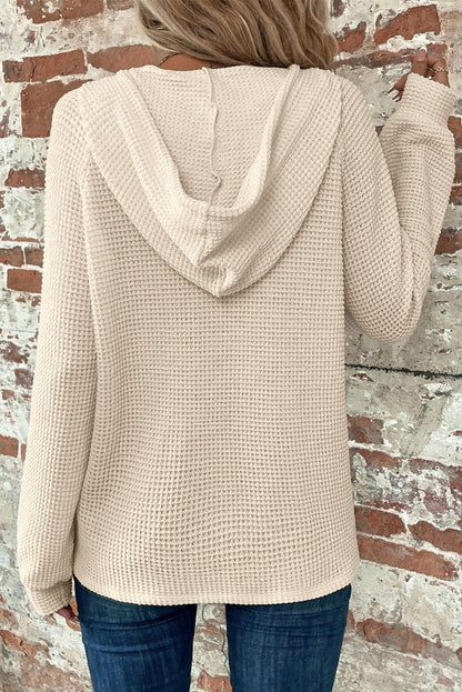 Apricot Thermal Waffle Knit Button V Neck Loose Drawstring Hoodie