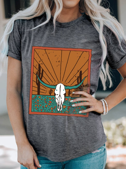 Gray Steer Skull Graphic Print Casual Crew Neck T-Shirt