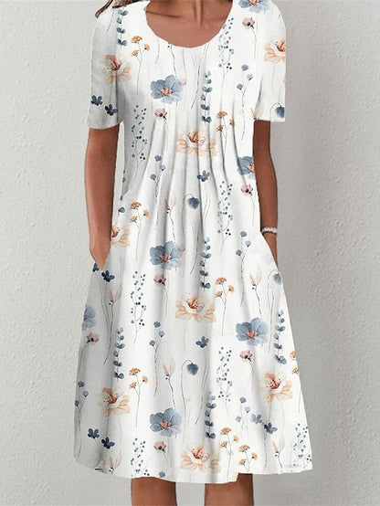 Women's Dress - Casual Dress Summer Dress Print Dress Floral Ruched Pocket Crew Neck Midi Dress Fashion Modern Outdoor Daily Short Sleeve Loose Fit White Red Navy Blue Summer Spring S M L XL XXL
