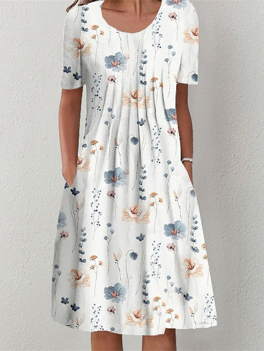 Women's Dress - Casual Dress Summer Dress Print Dress Floral Ruched Pocket Crew Neck Midi Dress Fashion Modern Outdoor Daily Short Sleeve Loose Fit White Red Navy Blue Summer Spring S M L XL XXL