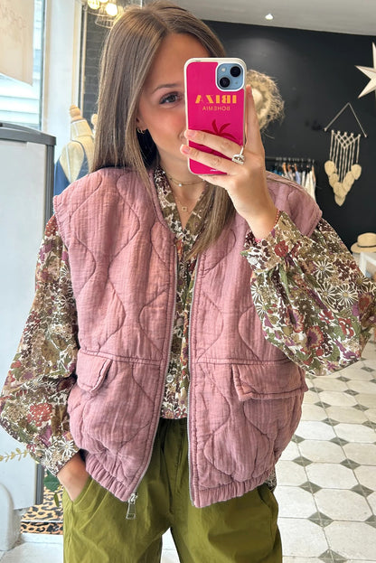 Pink Playful Quilted Zip Up Elastic Hem Vest