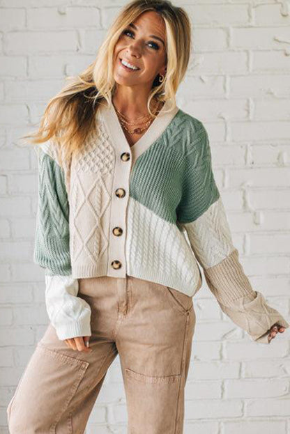 Parchment Mix Texture Knitted Color Block Button Down V Neck Sweater Cardigan