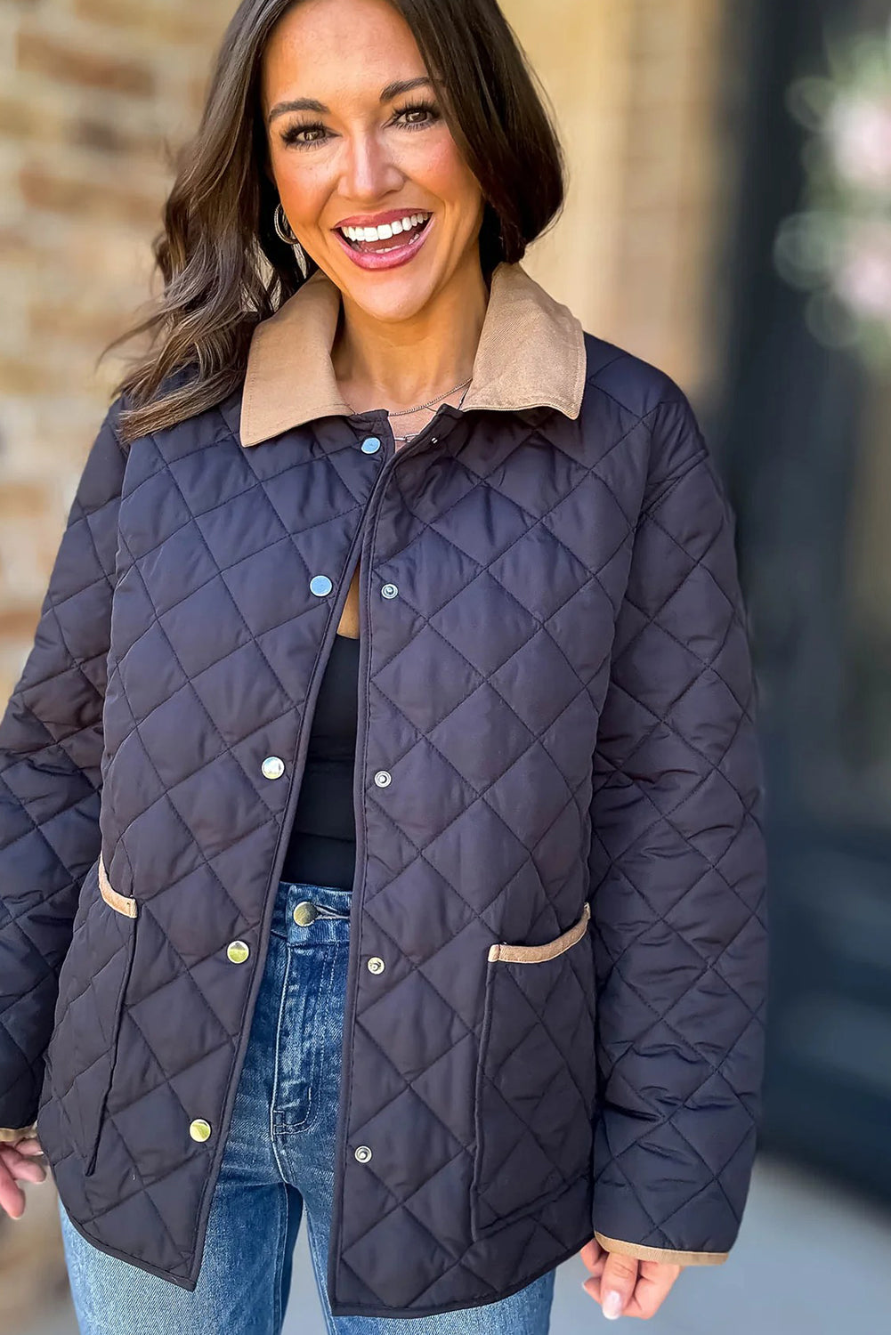 Dirty blue Snap Button Quilted Color Block Collar Pocketed Winter Jacket