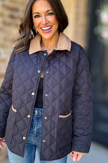 Dirty blue Snap Button Quilted Color Block Collar Pocketed Winter Jacket