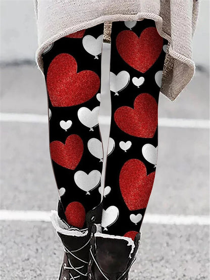Women's Leggings Polyester Heart Wine Black Active High Waist Long Valentine's Day Vacation Spring