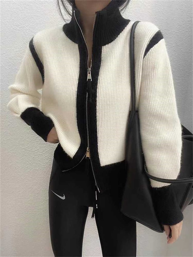 Women's Cardigan Sweater Stand Collar Ribbed Knit Knit Patchwork Zipper Fall Winter Regular Outdoor Daily Going out Stylish Casual Soft Long Sleeve Color Block Black White Green S M L