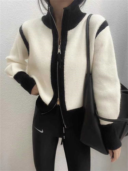 Women's Cardigan Sweater Stand Collar Ribbed Knit Knit Patchwork Zipper Fall Winter Regular Outdoor Daily Going out Stylish Casual Soft Long Sleeve Color Block Black White Green S M L